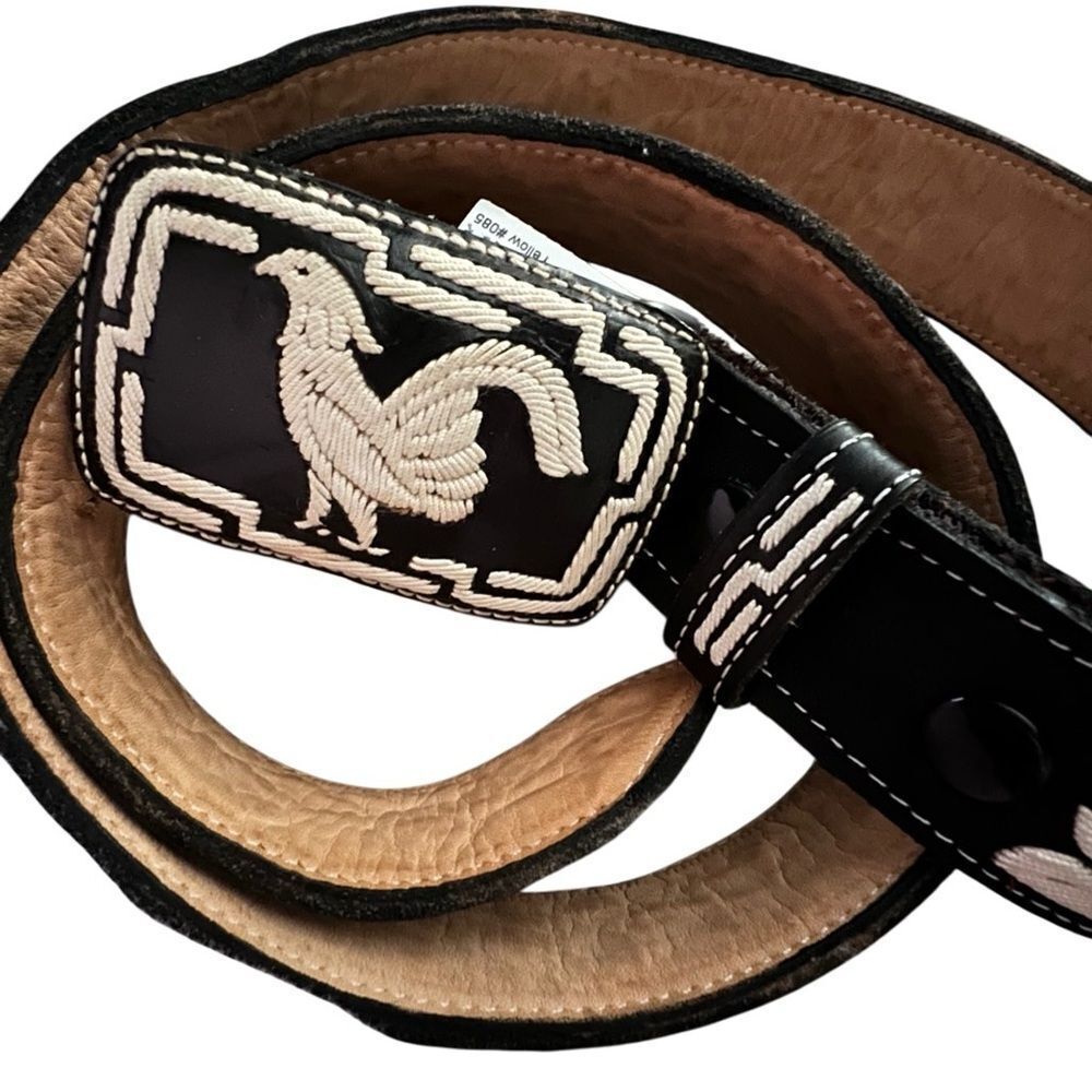 Vintage Rooster Belt Embroidered Buckle Leather Rockabilly Black White XL